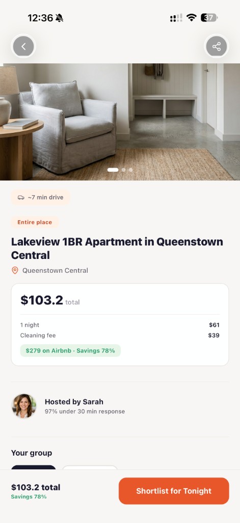 Listing detail page showing pricing breakdown and property info