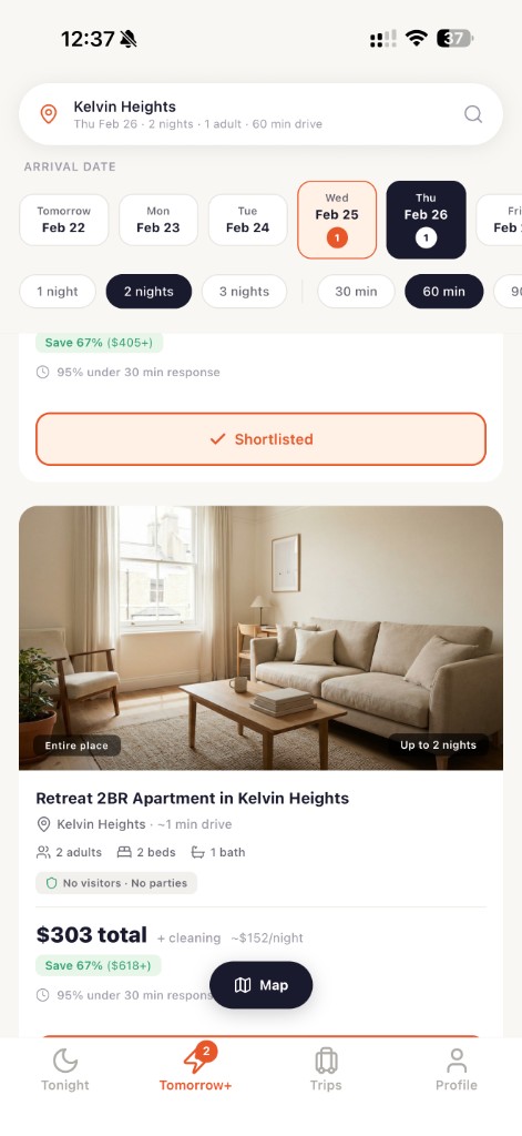 Tomorrow+ showing multiple shortlisted listings across dates