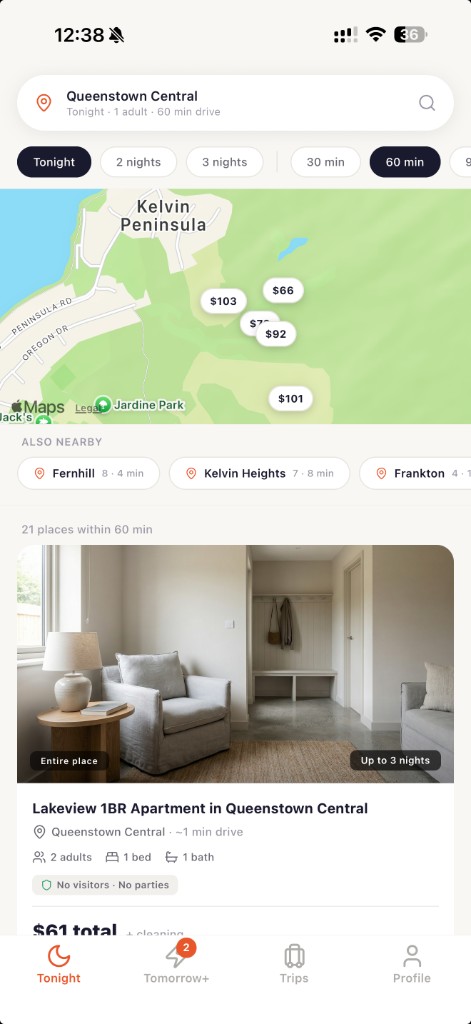 Tonight map view with live pricing on map pins